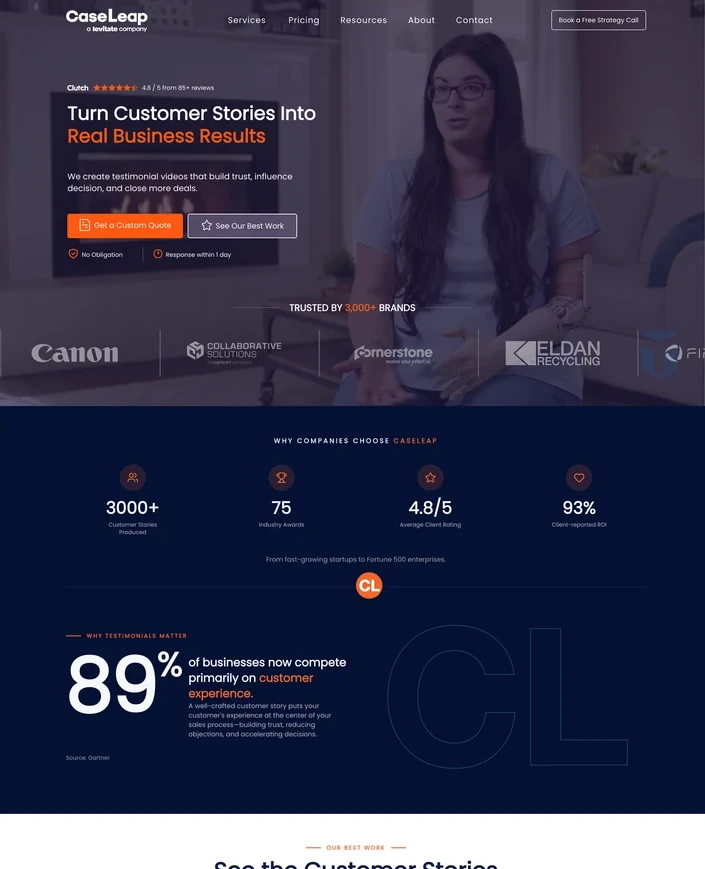CaseLeap homepage after: Turn Customer Stories Into Real Business Results