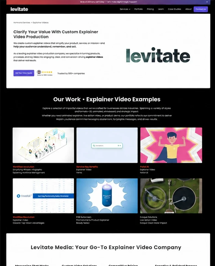 Levitate explainer video service page before
