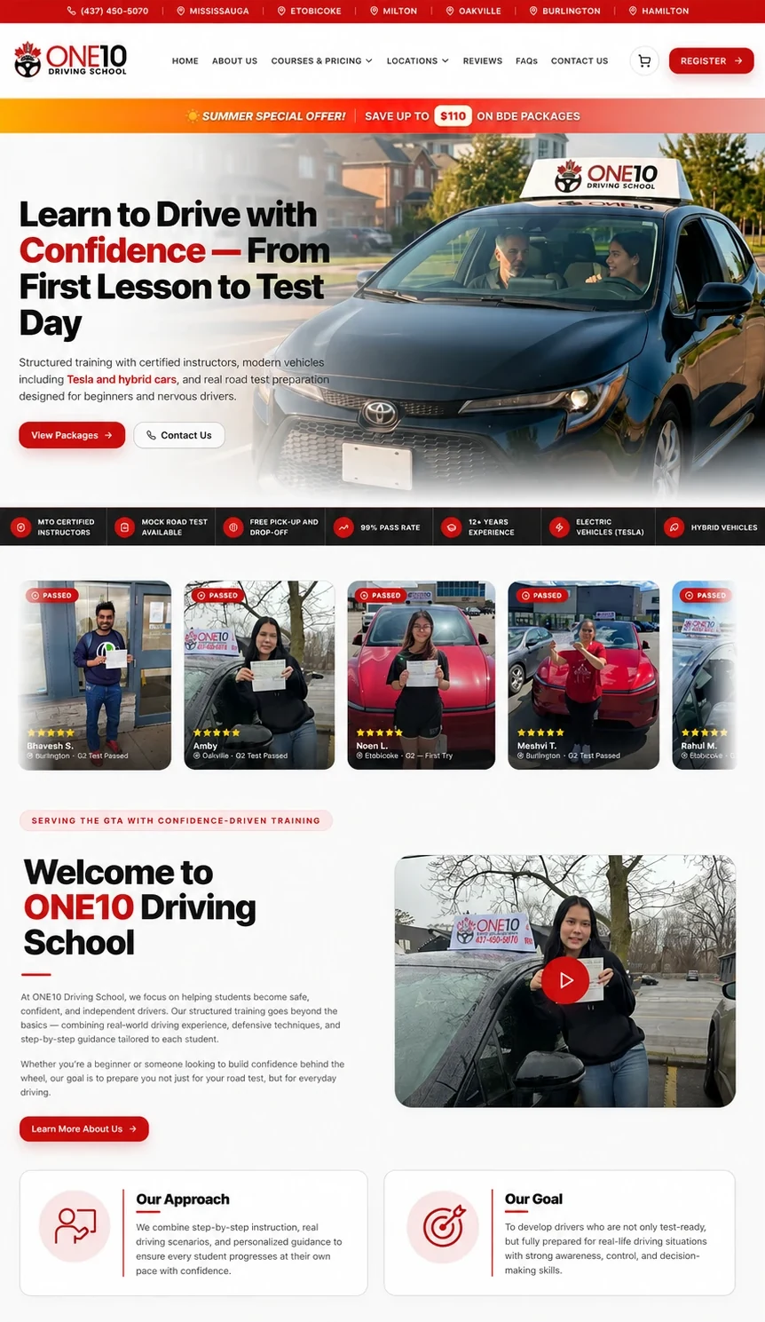 One10 Driving School homepage: Learn to Drive with Confidence, from first lesson to test day