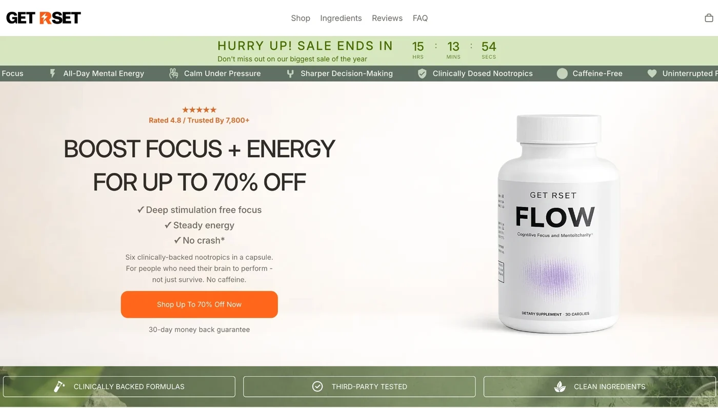RSET Flow product page: Boost Focus + Energy for up to 70% off