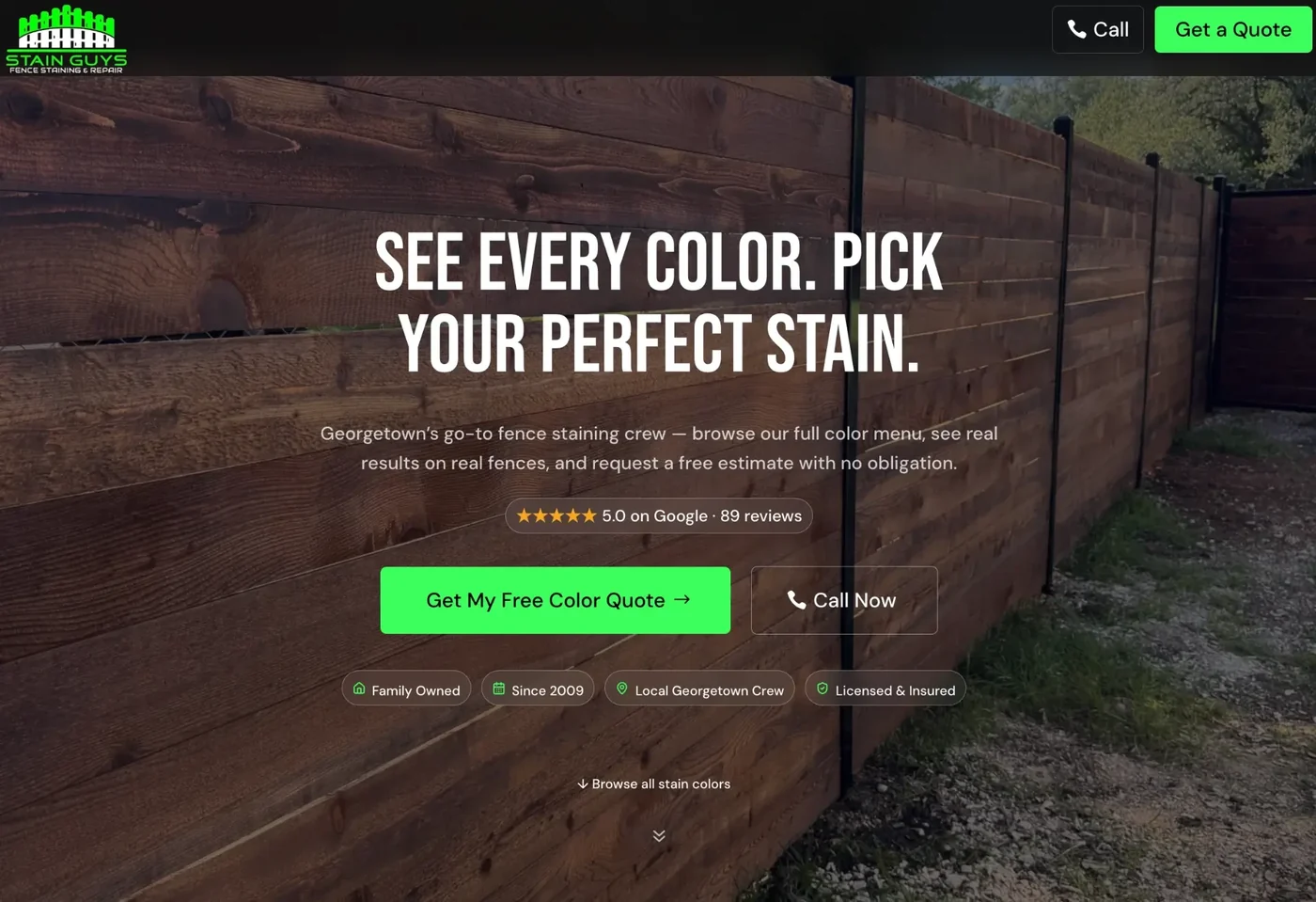 Fence staining landing page: See Every Color. Pick Your Perfect Stain.